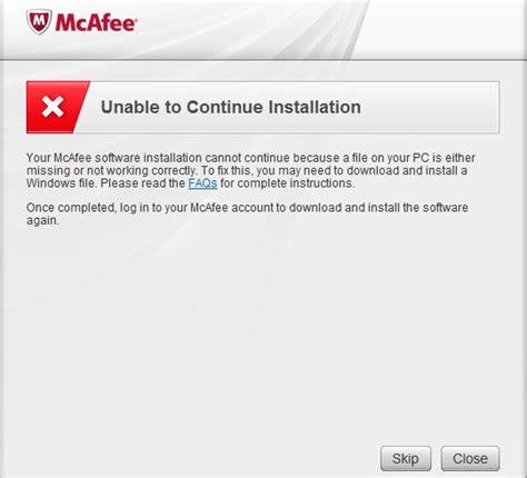 not able to install mcafee .
